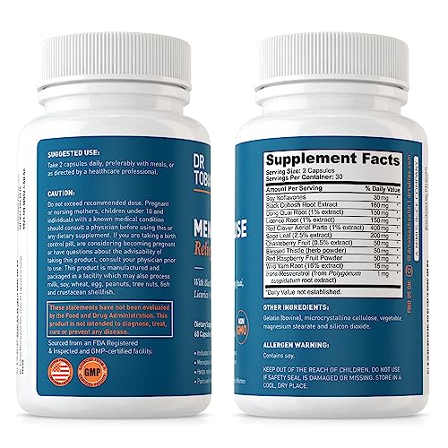 Image of Dr. Tobias Menopause Relief with Black Cohosh, Soy Isoflavones, Don Quai, Hot Flash & Night Sweats Relief for Women, Non-GMO Menopause Supplements for Women, 60 Capsules, 30 Servings