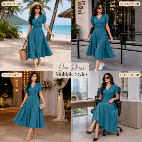 Image of Preneum Girl's & Women's Solid Color V-Neck A-Line Maxi Dress for Women | New Year Party Outfit | Waist Cinched Puff Sleeve Western | Elegant Casual Wear (Availble in Plus Size)
