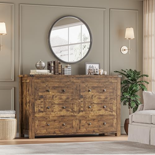 Image of BORNOON 6-Drawer Dresser, Modern Wooden Storage Chest of Drawers, Dresser TV Stand, Wood Drawer Organizer with Metal Handles for Bedroom, Living Room, Hallway
