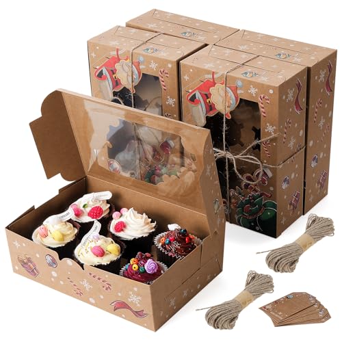 Fippy 20PCS Christmas Cupcake Boxes 6 Hole Christmas Cake Boxes Gift Boxes Cookies Boxes with Window Christmas Boxes for Cupcake Cookies Sweet Present