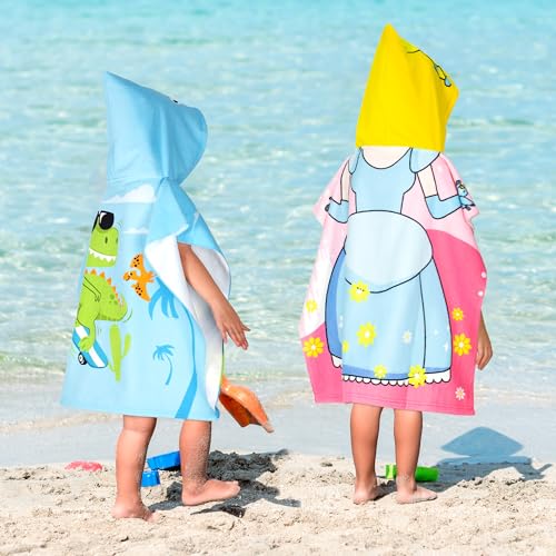 Image of Hooded Kids Beach Towels - Toddler Bath Towel Girls Boys Swim Cover-ups for Ages 1 to 6 Kids Pool Towels Quick Dry Lightweight Soft Microfiber Poncho Towel 24x23(Skating Dino)