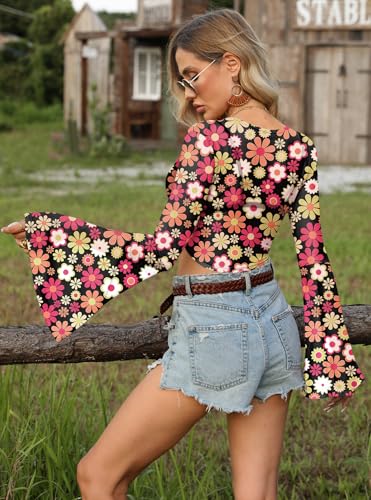 Image of For G and PL Women Tie Front Bell Sleeve Rave Crop Tops Floral Print Hippie Mesh Sheer Shirt