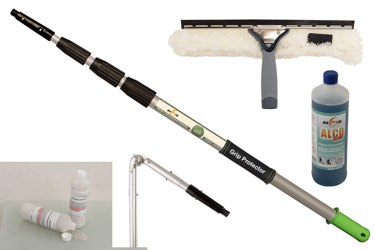 Juego de Limpieza de Techos 6m con Barra Telescópica y Ángulo | Kit profesional para jardín de invierno, incluye limpiador 2 en 1, 2 químicos y protector de agarre antideslizante
