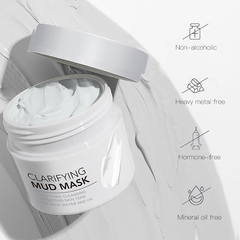 Clay Mask, Clarifying Deep Cleansing White Mud Mask - Pore Minimizing Facial Mask with Hyaluronic Acid, for Oily, Dry & Combination Skin, Includes Dual-Ended Silicone Brush (1.76 Oz)