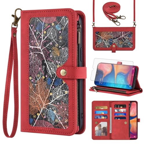 Housse Samsung Galaxy A20e Étui Protection Intégrale Rouge Fleur avec Porte Carte