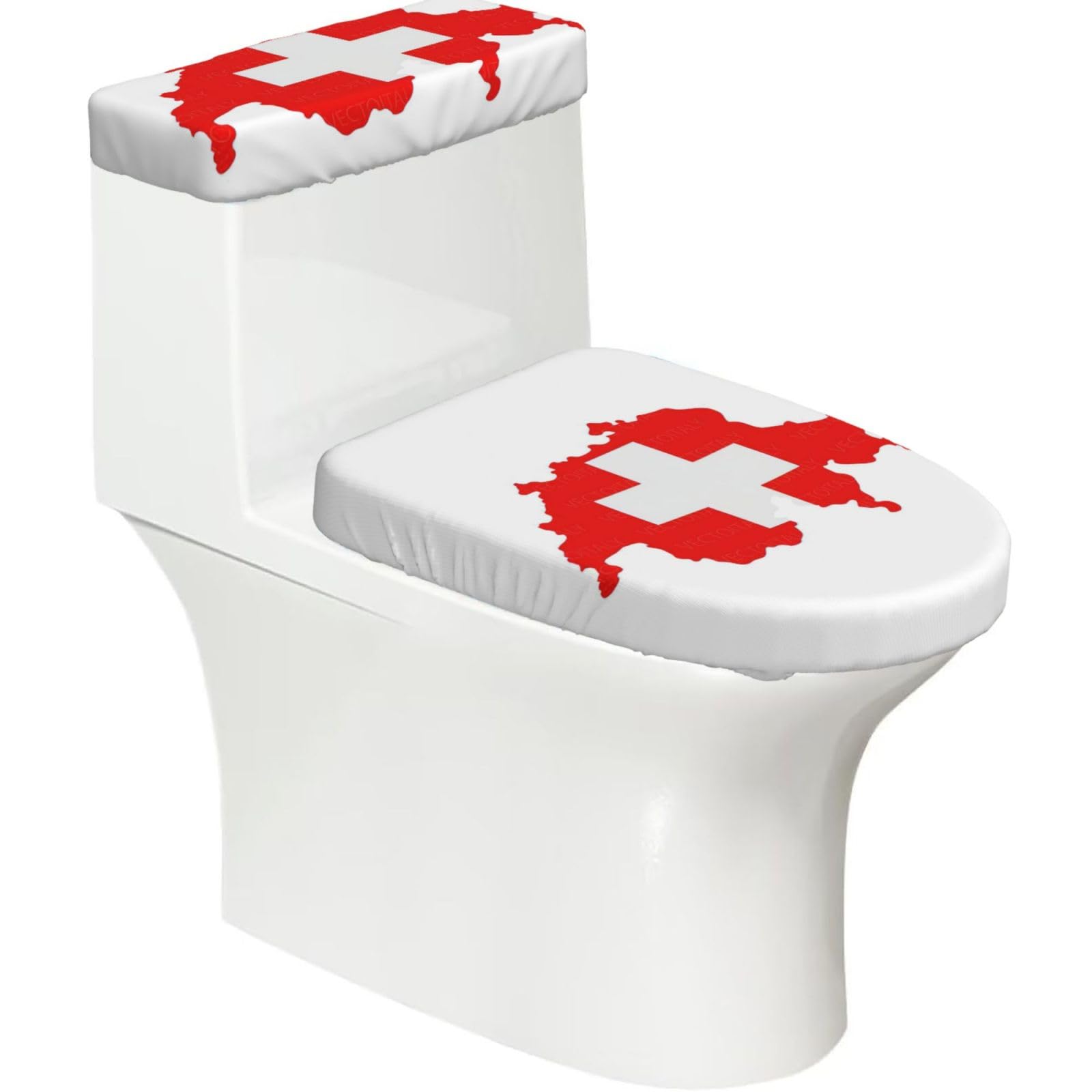 Swiss Flag Map Print Toilet Lid Cover And Tank Lid Cover For Bathroom With Elastic Bottom, Bathroom Decoration