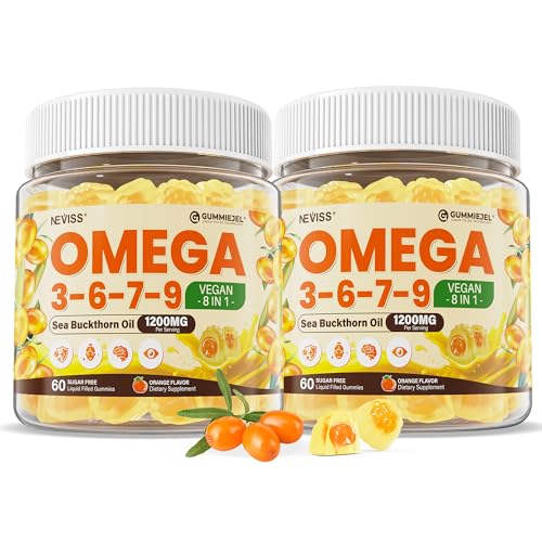 Image of Omega 3-6-7-9 Gummies, Organic Sea Buckthorn Oil 1200MG & Flaxseed Oil 500MG, Vegan Omega 7 Supplement w /Vitamin A, C, E, Fatty Acids, No Fish Taste, Supports Skin, Eye, Immune, Brain Health, 120 Cts
