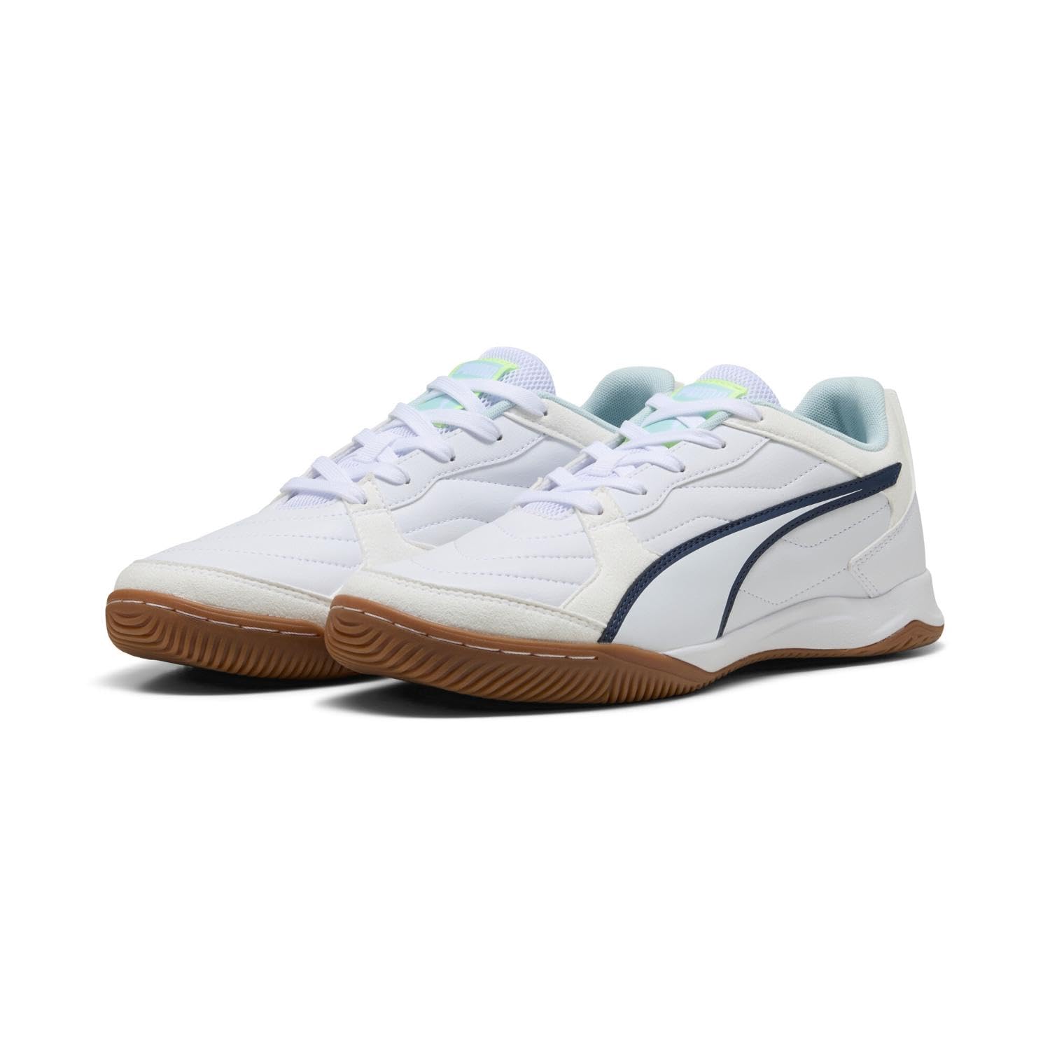 PUMA Unisex Pressing IV Soccer Shoe, White-Aqua-Fizzy Light-SEA Glass, 12 UK