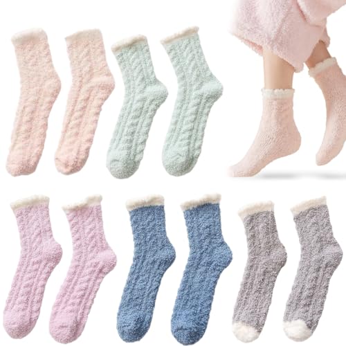 GGUFAY Chaussette Chaude Femme, 5 Paires Corail Polaire Femme Hiver Chaussettes Thermique Pantoufles, Douces, Epaisses et Moelleuses, Taille Unique
