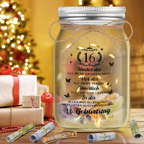 Johiux Geschenke zum 16 Geburtstag Mädchen Junge,LED Flaschenlicht Geldgeschenke Geburtstag 16,Geburtstag Geldgeschenke Verpackung,16.Geburtstagsgeschenk Geld Leuchtflasche Coole Geschenkideen.
