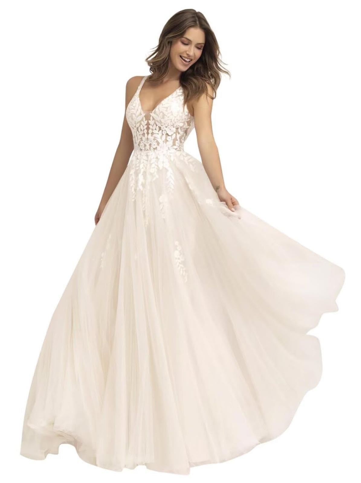 HUINI Spitzen Tüll Brautkleid Langer V-Ausschnitt A-Linie ärmellos Strand Hochzeitskleid für die Braut mit Schleppe