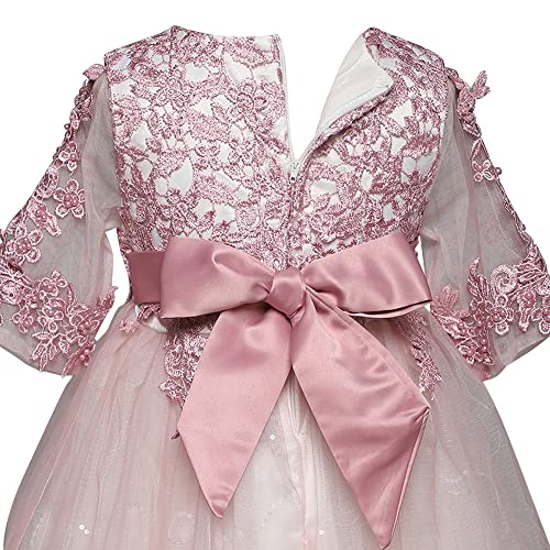 Image of Hopscotch Girls Midi Length Cotton and Polyester Floral Embellished 3 /4th Sleeve Party Dress in Pink Color