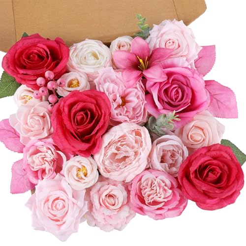 AmyHomie Fuchsia Pink Artificial Flowers Combo Silk Mix Peony Rose Fake Flowers w/Stem for DIY Wedding Bouquets Centerpieces Arrangements Table Fall Decor Party Bridal Baby Shower Home Decorations