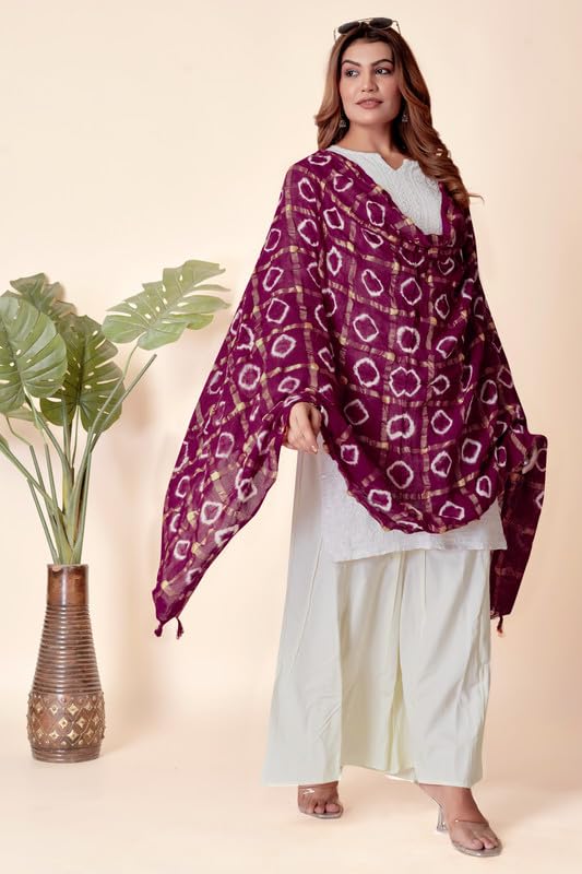 Image of Women Bandhani Dupatta | Traditional Chunri Print with Decorative Border | Lightweight Ethnic Stole for Festive and Wedding Wear