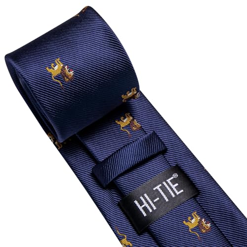 Image of Hi-Tie Men's Blue Lion Tie Set Woven Silk Jacquard Animal Necktie Pocket Square Cuff-links Sets Wedding Business Holiday
