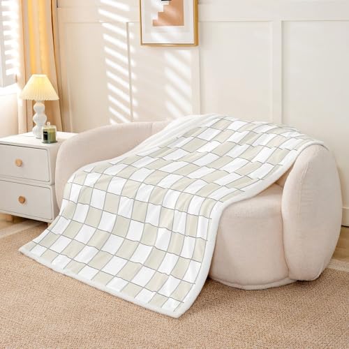 Image of Erosebridal Plaid Fleece Blanket Queen 90 inchx90 inch Beige White Checkerboard Sherpa Blanket Geometric Checkered Fuzzy Plush Throw for Kids Boys Girls,Aesthetic Grids Decor for Bed Couch