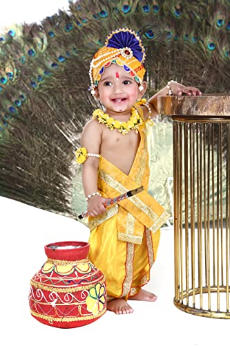 Image of Raj Fancy Dresses Shri Krishna Dress for Baby Boy & Girl, Janmashtmi Dress with Diaper-friendly Dhoti & Dupatta, Mor Pankh Mukut