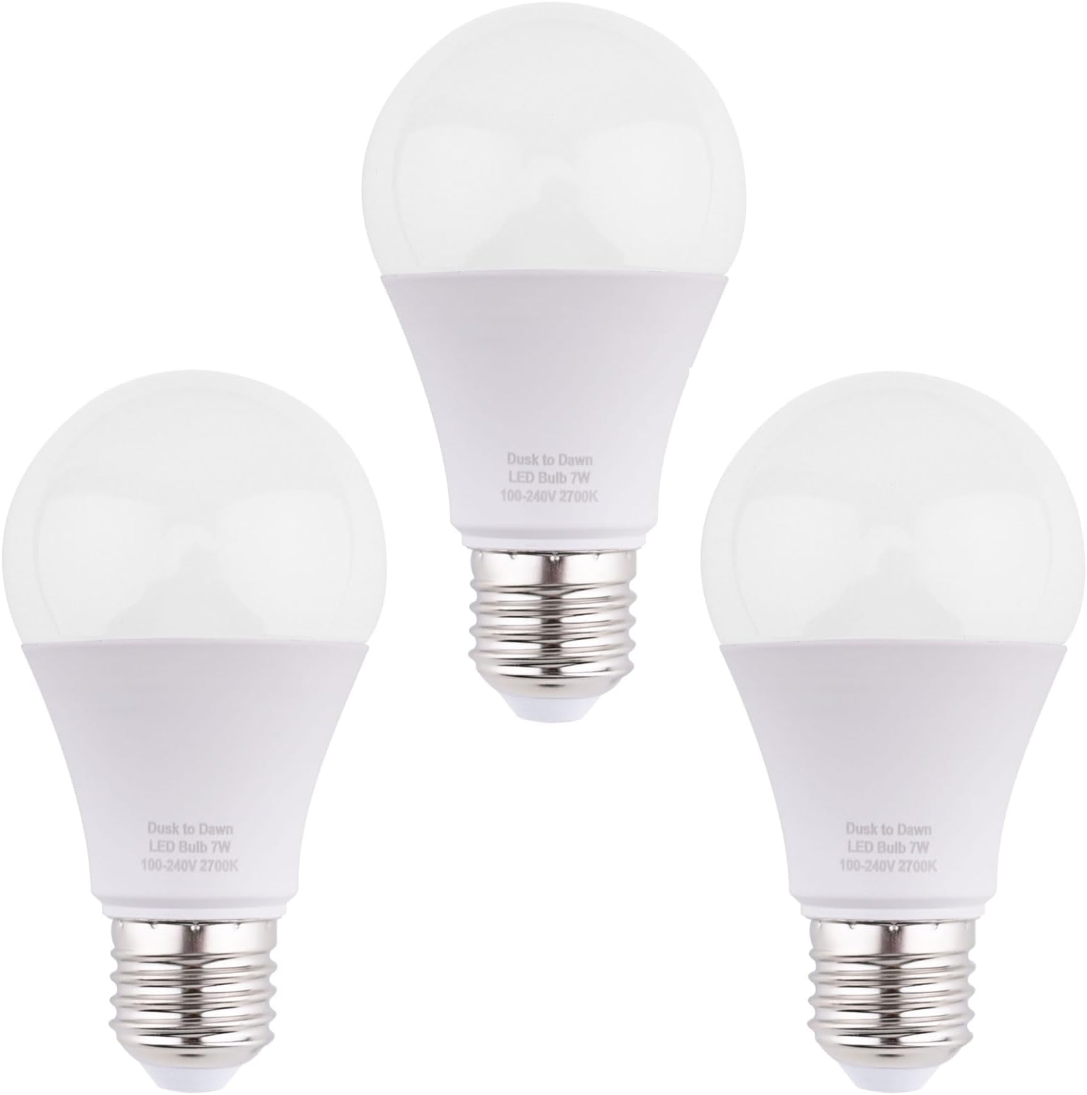 BAOMING Dusk to Dawn Sensor LED Light Bulbs 7W 630 Lumen Warm White 2700K, 60W Equivalent, Automatic On/Off,Suitable Used in Hallway, Yard, Porch, Patio, Garage Lighting,ES E27 Base 240V, 3-Pack