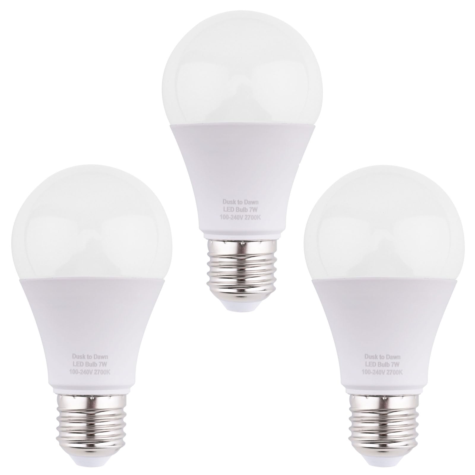 BAOMING Dusk to Dawn Sensor LED Light Bulbs 7W 630 Lumen Warm White 2700K, 60W Equivalent, Automatic On/Off,Suitable Used in Hallway, Yard, Porch, Patio, Garage Lighting,ES E27 Base 240V, 3-Pack [Energy Class E]