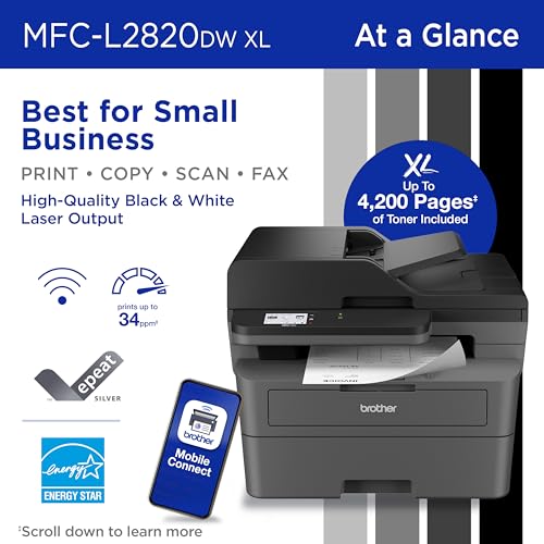 Image of Brother MFC-L2820DW XL Wireless Compact Monochrome All-in-One Laser Printer with Copy, Scan and Fax, Duplex, Black & White | Up to 4,200 Pages of Toner Included(1), Works with Alexa