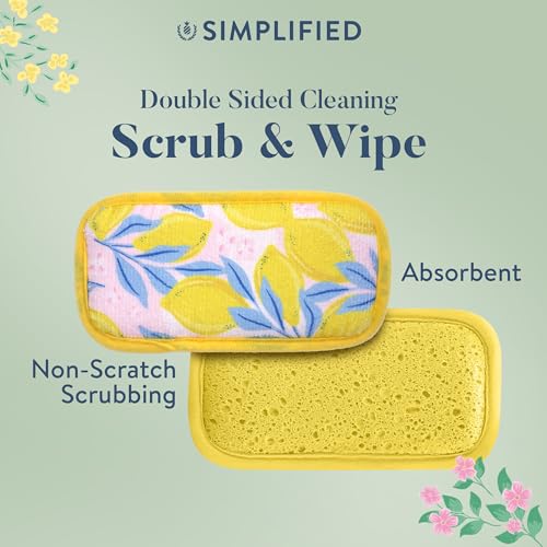 Image of Simplified 5-Pack Scrub & Wipe 2-in-1 Dishwashing Sponges - Non-Abrasive Cleaning Sponges, Double-Sided - Safe for Dishes, Non-Stick Pans or Glassware, Absorbent Dish Sponges, Yellow Leaves