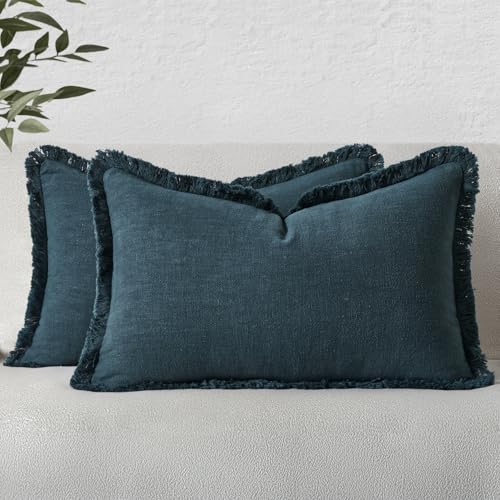Image of MIULEE Decorative Lumbar Throw Pillow Covers Neutral Linen Fringe Throw Pillows Set of 2 Navy Blue Boho Farmhouse Cushion Covers for Couch Sofa Bed Living Room Spring Home Decor 12x20 Inch