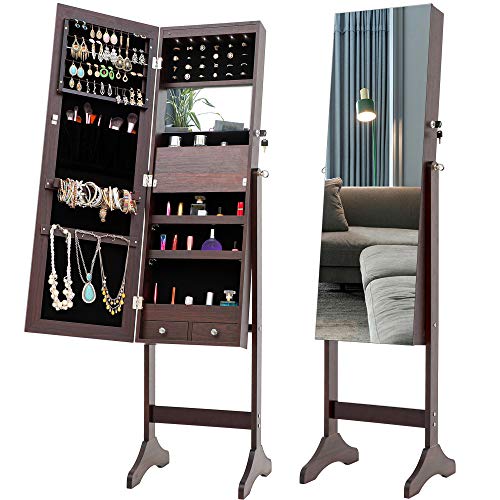 Lovinland Standing Jewelry Cabint with Full Length Mirrow and LED Lights,Mirrored Jewelry Armoire for Living Room or Bedroom (Brown)
