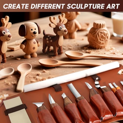 17 Pezzi Kit di Coltelli per Intaglio del Legno, Strumenti per Intaglio del Legno, con custodia, Sicurezza Guanti, Pietra Lucidante, Affilatura, Strumenti per Intaglio Legno per DIY Principianti - immagine 7