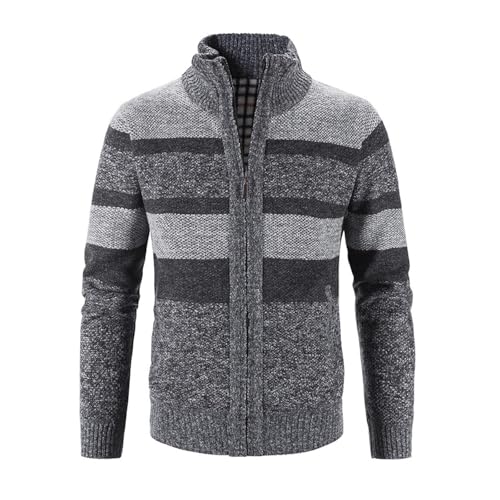 Cambkatl Men's Stand Collar Zipper Up Cardigan Sweaters, Warm Fleece Lined Color Block Casual Long Sleeve Knitted Outerwear