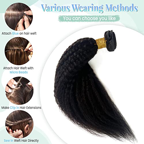 Image of Kinky Straight Hair Bundle 120G 24 Inch Sew in Hair Extensions Real Human Hair Wefts, Kinky Straight Natural Black Hand Tied Wefts Hair Extensions Human Hair Weave Weft Extensions