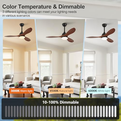 Image of OKDNEG 42 Inch Ceiling Fans with Lights and Remote, 3 Wood Fan Blades Ceiling Fan,3CCT Dimmable,Timer,Quiet DC Motor,6 Speed,Indoor Outdoor Ceiling Fan for Offices Farmhouse Gazebo Patio
