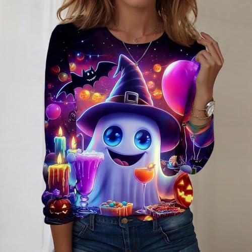 Halloween Shirts for Women Long Sleeve Plus Size Fashion Crewneck Comfortable Tshirts Halloween Costumes for Women