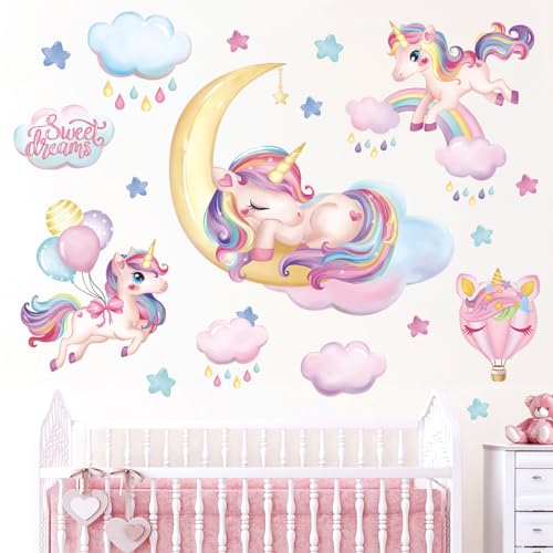 wondever Wandtattoo Regenbogen Einhorn Wandaufkleber Ballon Einhorn auf Mond Wolken Wandsticker Wanddeko für Kinderzimmer Mädchen Babyzimmer Schlafzimmer