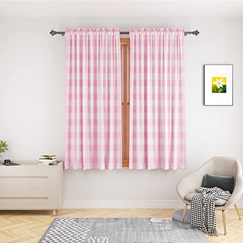 UPOPO - Lot de 2 Rideaux de fenêtre en Coton à Tartan - Rideaux pour Salon, Chambre à Coucher, Style Ferme, Rustique, Cuisine - Rose et Blanc - 132 x 122 cm
