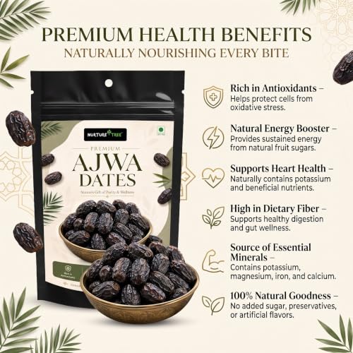 Image of Nurture Tree Premium Saudi Ajwa Dates (Khajoor /Khajur) 400g, 100% Natural Soft and Delicious Arabian Dates in Fresh, Khajur Dry Fruits, No Artificial Colours, Gluten Free, No Added Sugars