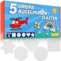 MUTKIND® 5x Bügelperlen Platten Groß 10mm [5 Tolle Formen] - Steckplatten Set mit Herz, Stern, Rund, Viereck, Sechseck Form - Geschenk für Kinder ab 3 Jahren - Inkl. 50 kreativen Vorlagen zum Download