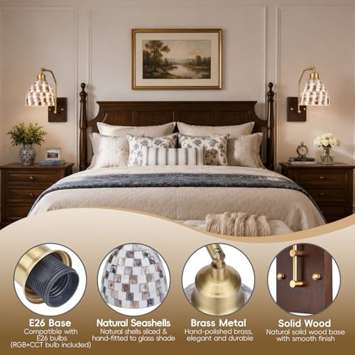 Image of Brass Natural Wood Wall Sconce with Shell Shade, Includes LED Bulb & Remote