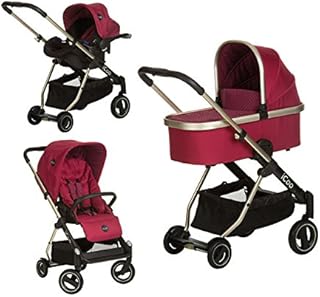 Cochecito iCOO Acrobat XL Plus Trioset ajustable en altura hasta 25 kg respaldo reclinable y saco de pie + capazo + grupo 0+ desde el nacimiento, plegable con una mano, reflectores - rojo