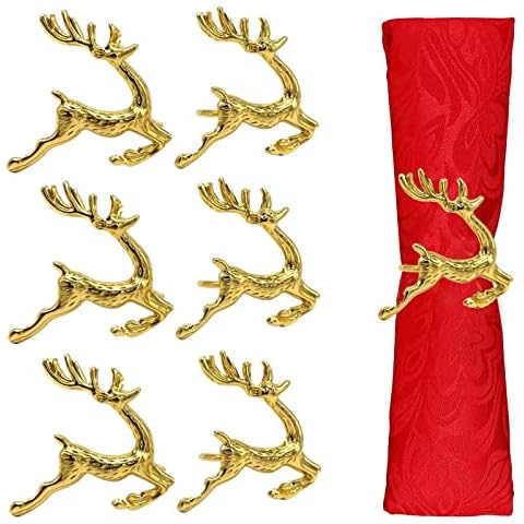OTKARXUS Christmas Napkin Rings- 6 Pcs Gold Reindeer Napkin Ring Set Napkin Holders Buckle for Table Decor, Wedding, Banquet, Party Dinners Cover