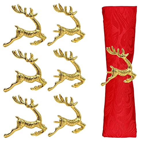 OTKARXUS Christmas Napkin Rings- 6 Pcs Gold Reindeer Napkin Ring Set Napkin Holders Buckle for Table Decor, Wedding, Banquet, Party Dinners