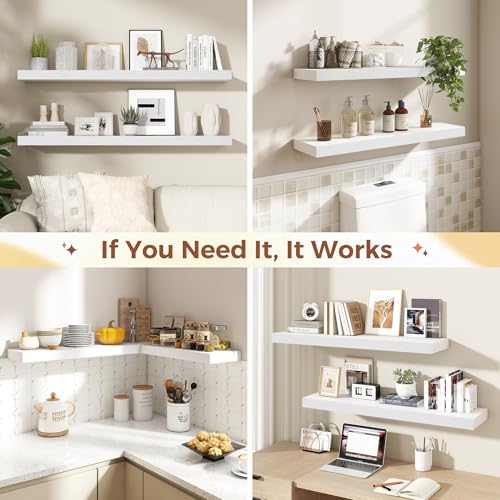 Image of Dreamland White Floating Shelves for Wall,8 Inch Deep Floating Shelves,24 inch W x 8 inch D Wall Shelves for Bedroom,Living Room,Kitchen,Bathroom,Set of 2