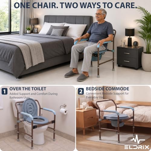 Image of Eldrix Commode Chair for Toilet Adult | Potty Chair for Adults with Foldable Seat, Height Adjustable Frame | Commode Stool (Brown)
