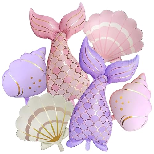 Mermaid Balloons Set - 6PCS Mermaid Tail Seashell Conch Foil Balloons Pink Purple Gold Ocean Theme Balloons for Girls Mermaid Birthday Party Decorations Baby Shower Under the Sea Party Supplies