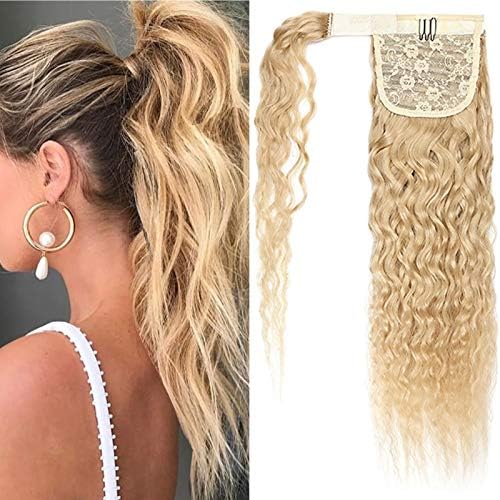 14 inches SEGO Curly Ponytail Hair Extensions Real Remy Human Hair [#1 Jet Black] Wrap Around One Piece Clip in Hairpieces Corn Wave Wavy (80g)