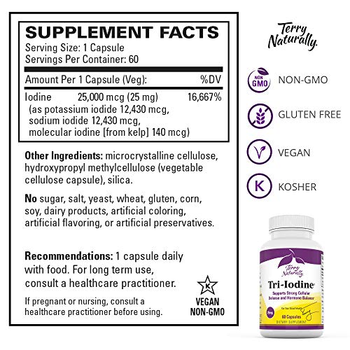 Terry Naturally Tri-Iodine 25 Mg - 25000 Mcg Iodine, 60 Vegan Capsules - Supports Hormone Balance, Promotes Breast & Prostate Health - Non-Gmo, Gluten-Free, Kosher - 60 Servings #TOP3