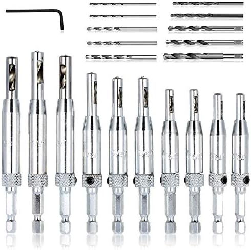 21 pcs Center Drill Bit Set, AFUNTA Self Centering Hinge Tapper Core Hole Puncher 5/64'' 7/64'' 9/64'' 11/64'' 13/64'' 5mm 1/4'' & 1 Pcs Hex Key & 10 Pcs Replacement Drill Bits