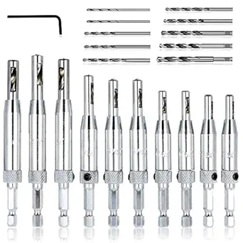Afunta 21 Pieces Center Drill Bit Set, Self Centering Hinge Tapper Core Hole Puncher 5/64'' 7/64'' 9/64'' 11/64'' 13/64'' 5 mm 1/4'' and 1 Hex Key and 10 Pcs Replacement Drill Bits