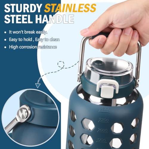 Image of MUKOKO 84 oz Glass Water Bottle, Stainless Steel Handle, Blue