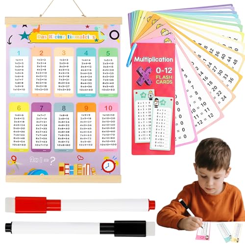 1x1 Lernen Poster und 1x1 Lernkarten Kinder mit 2 Löschbaren Stiften, Einmaleins Trainer für Kinder, Lernposter das Kleine Einmaleins Tabelle, Multiplikationstabelle Multiplikationskarten Mathematik