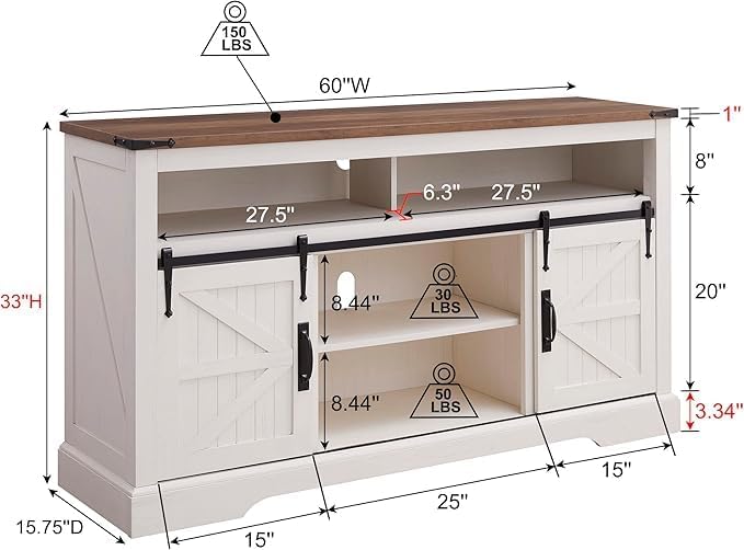Diagram showing the dimensions and weight capacities of the OKD Farmhouse Entertainment Center.